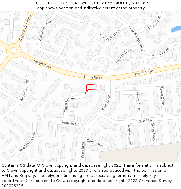 10, THE BUNTINGS, BRADWELL, GREAT YARMOUTH, NR31 8PE: Location map and indicative extent of plot
