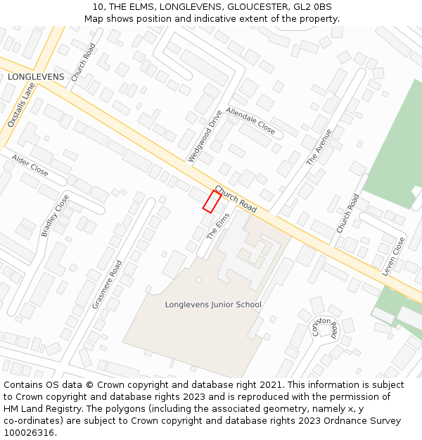 10, THE ELMS, LONGLEVENS, GLOUCESTER, GL2 0BS: Location map and indicative extent of plot