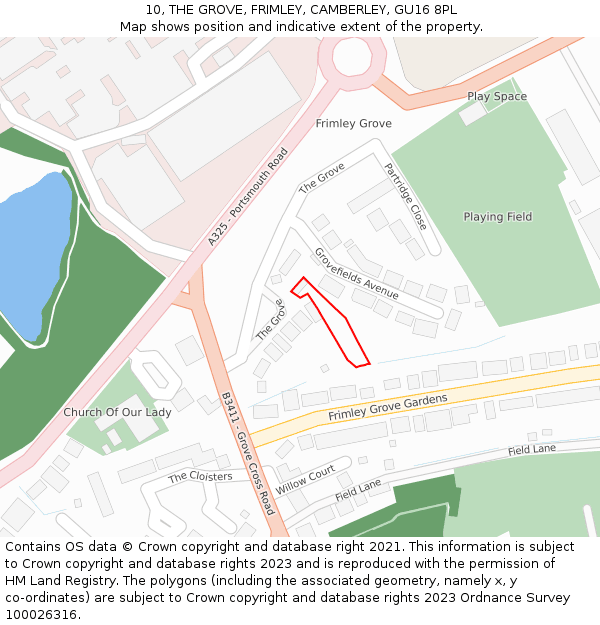 10, THE GROVE, FRIMLEY, CAMBERLEY, GU16 8PL: Location map and indicative extent of plot