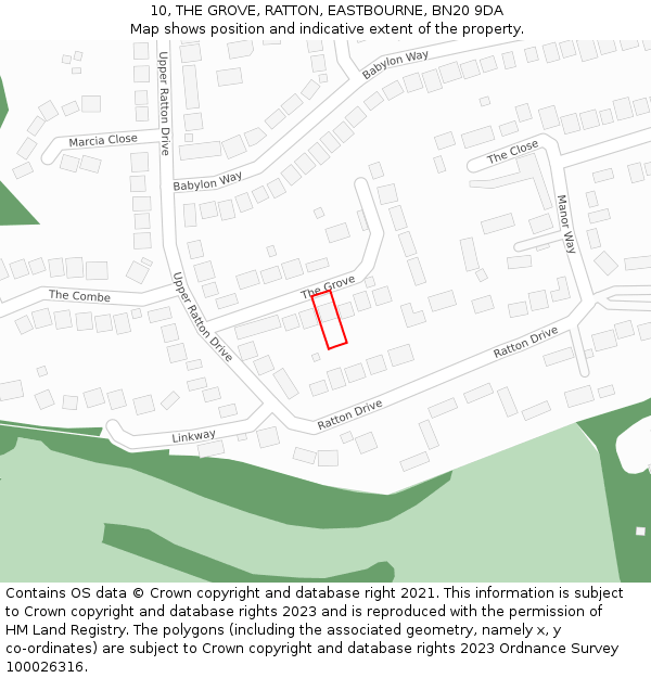 10, THE GROVE, RATTON, EASTBOURNE, BN20 9DA: Location map and indicative extent of plot