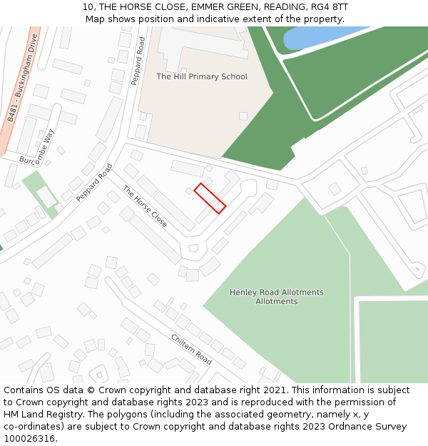 10, THE HORSE CLOSE, EMMER GREEN, READING, RG4 8TT: Location map and indicative extent of plot