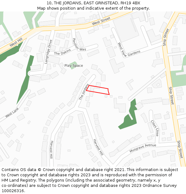 10, THE JORDANS, EAST GRINSTEAD, RH19 4BX: Location map and indicative extent of plot