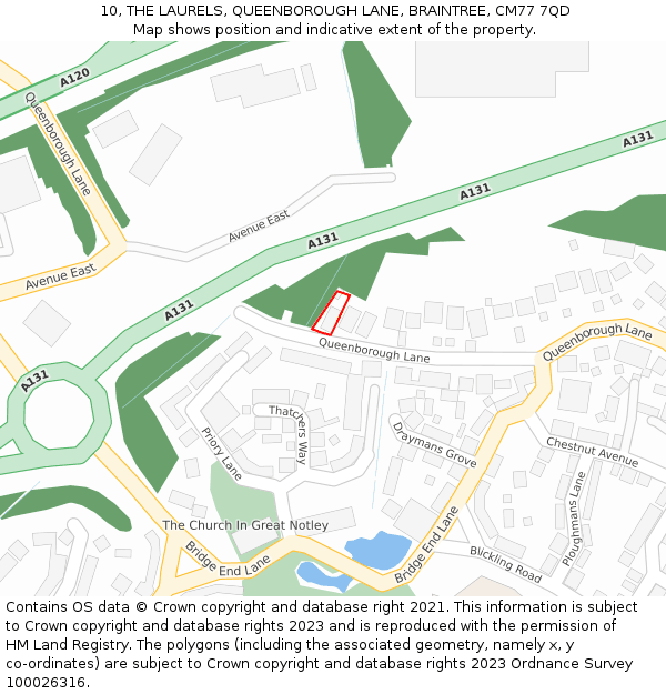 10, THE LAURELS, QUEENBOROUGH LANE, BRAINTREE, CM77 7QD: Location map and indicative extent of plot