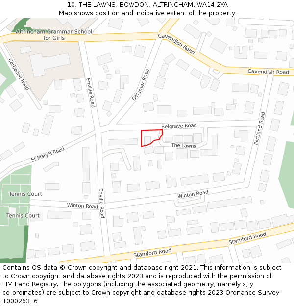 10, THE LAWNS, BOWDON, ALTRINCHAM, WA14 2YA: Location map and indicative extent of plot