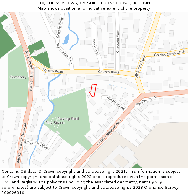 10, THE MEADOWS, CATSHILL, BROMSGROVE, B61 0NN: Location map and indicative extent of plot