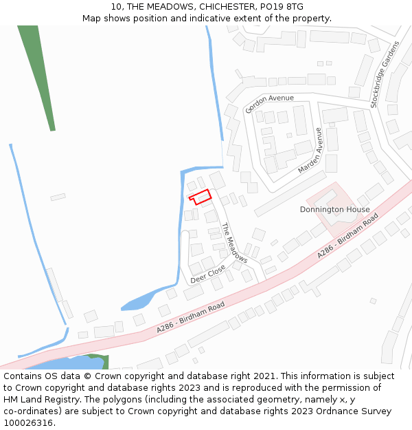 10, THE MEADOWS, CHICHESTER, PO19 8TG: Location map and indicative extent of plot