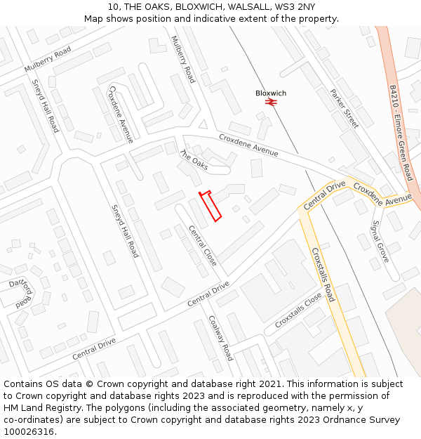 10, THE OAKS, BLOXWICH, WALSALL, WS3 2NY: Location map and indicative extent of plot