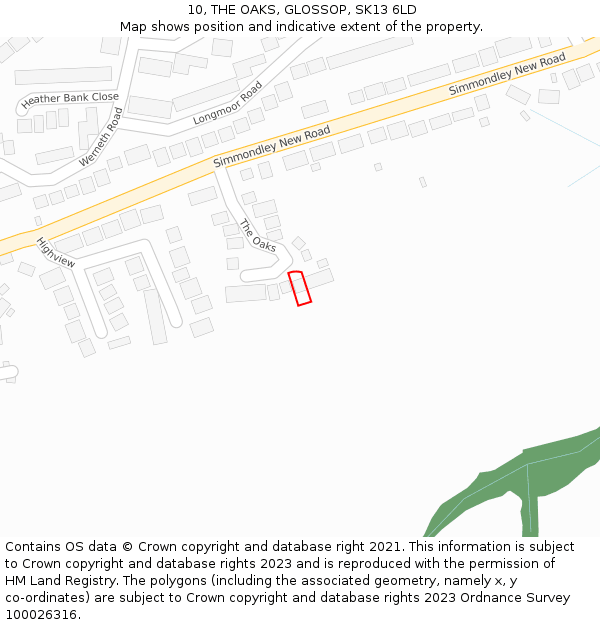 10, THE OAKS, GLOSSOP, SK13 6LD: Location map and indicative extent of plot