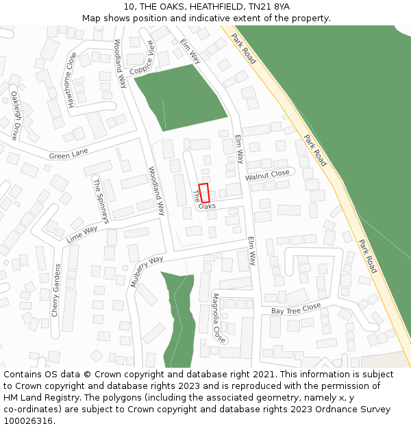 10, THE OAKS, HEATHFIELD, TN21 8YA: Location map and indicative extent of plot