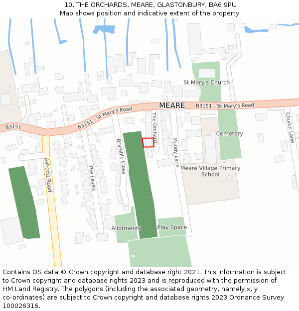 10, THE ORCHARDS, MEARE, GLASTONBURY, BA6 9PU: Location map and indicative extent of plot