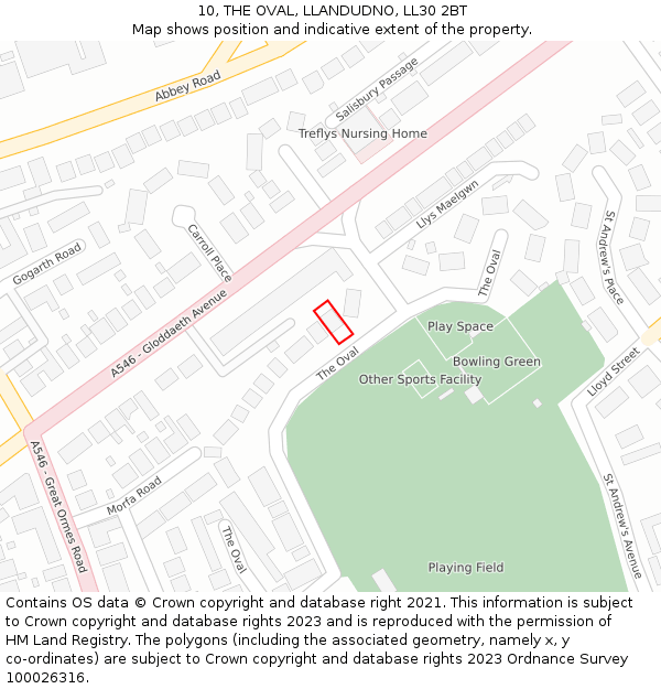 10, THE OVAL, LLANDUDNO, LL30 2BT: Location map and indicative extent of plot