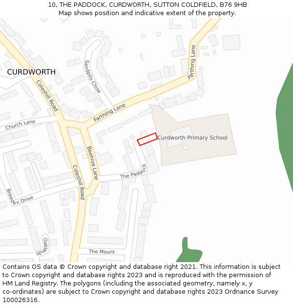 10, THE PADDOCK, CURDWORTH, SUTTON COLDFIELD, B76 9HB: Location map and indicative extent of plot