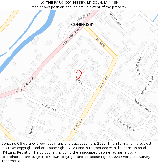 10, THE PARK, CONINGSBY, LINCOLN, LN4 4SN: Location map and indicative extent of plot