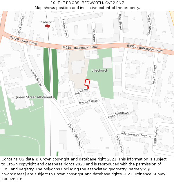 10, THE PRIORS, BEDWORTH, CV12 9NZ: Location map and indicative extent of plot