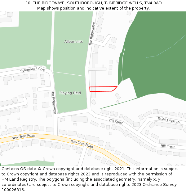 10, THE RIDGEWAYE, SOUTHBOROUGH, TUNBRIDGE WELLS, TN4 0AD: Location map and indicative extent of plot