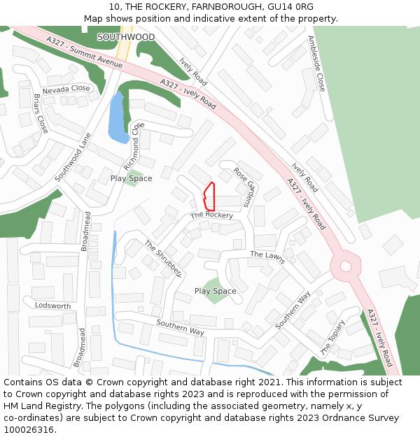 10, THE ROCKERY, FARNBOROUGH, GU14 0RG: Location map and indicative extent of plot