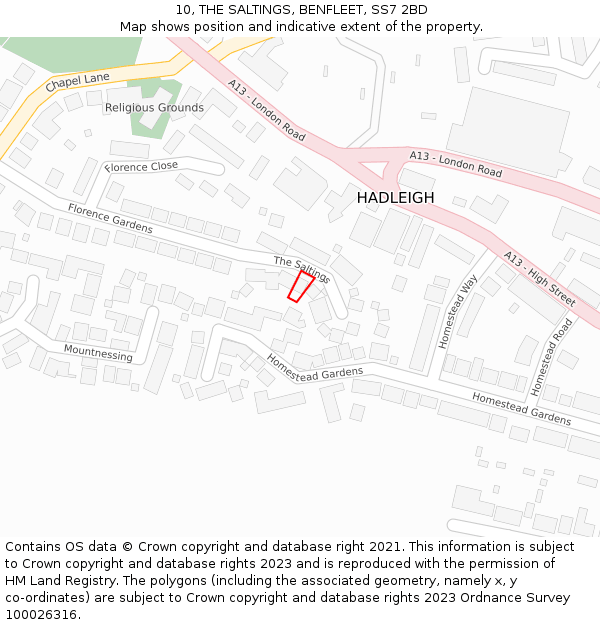 10, THE SALTINGS, BENFLEET, SS7 2BD: Location map and indicative extent of plot