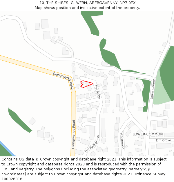10, THE SHIRES, GILWERN, ABERGAVENNY, NP7 0EX: Location map and indicative extent of plot