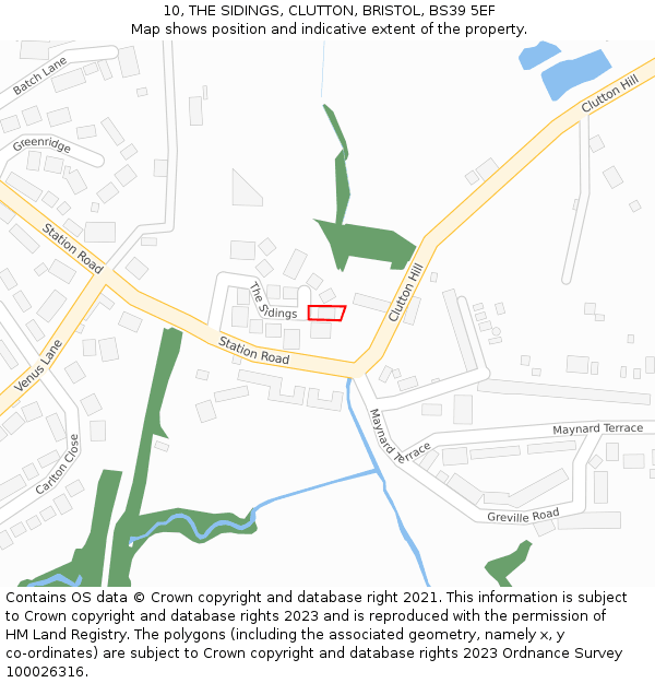 10, THE SIDINGS, CLUTTON, BRISTOL, BS39 5EF: Location map and indicative extent of plot