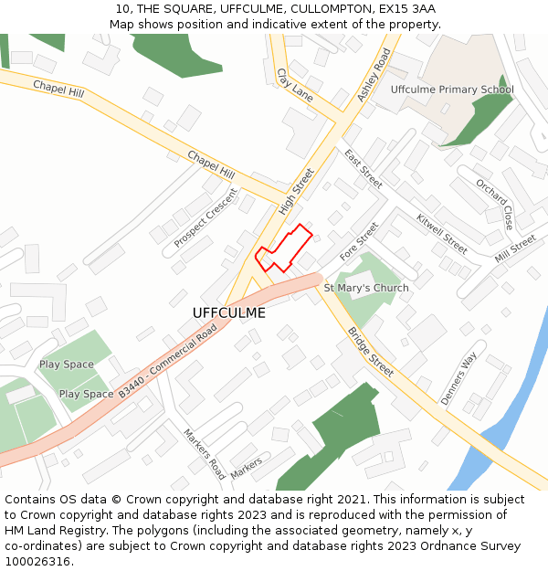 10, THE SQUARE, UFFCULME, CULLOMPTON, EX15 3AA: Location map and indicative extent of plot
