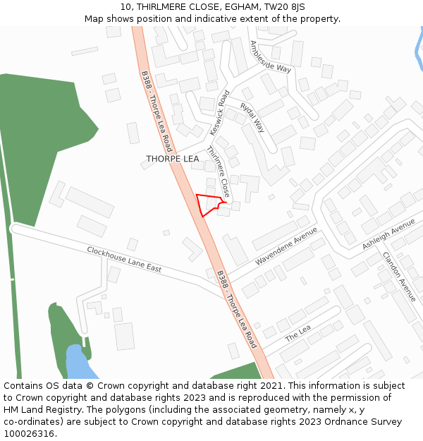 10, THIRLMERE CLOSE, EGHAM, TW20 8JS: Location map and indicative extent of plot