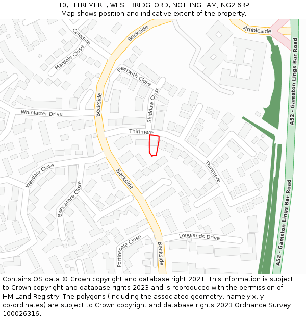 10, THIRLMERE, WEST BRIDGFORD, NOTTINGHAM, NG2 6RP: Location map and indicative extent of plot