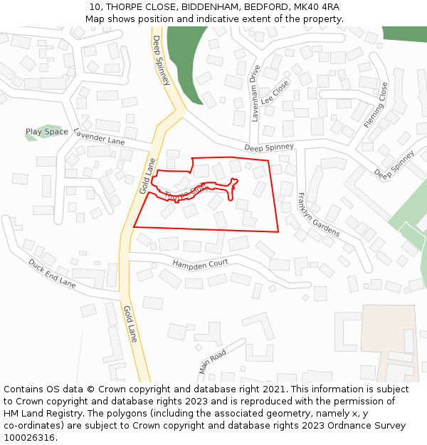 10, THORPE CLOSE, BIDDENHAM, BEDFORD, MK40 4RA: Location map and indicative extent of plot
