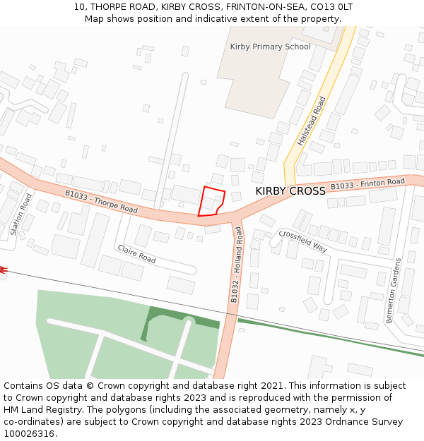 10, THORPE ROAD, KIRBY CROSS, FRINTON-ON-SEA, CO13 0LT: Location map and indicative extent of plot