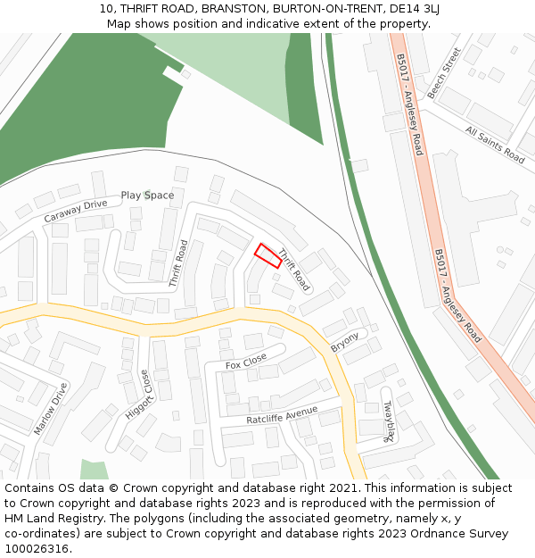 10, THRIFT ROAD, BRANSTON, BURTON-ON-TRENT, DE14 3LJ: Location map and indicative extent of plot