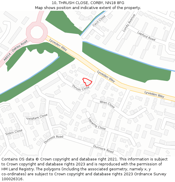 10, THRUSH CLOSE, CORBY, NN18 8FG: Location map and indicative extent of plot