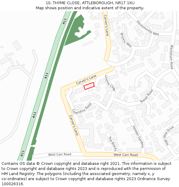 10, THYME CLOSE, ATTLEBOROUGH, NR17 1XU: Location map and indicative extent of plot