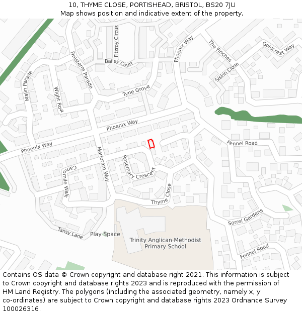 10, THYME CLOSE, PORTISHEAD, BRISTOL, BS20 7JU: Location map and indicative extent of plot