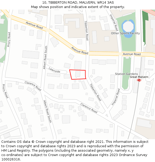 10, TIBBERTON ROAD, MALVERN, WR14 3AS: Location map and indicative extent of plot