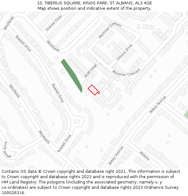 10, TIBERIUS SQUARE, KINGS PARK, ST ALBANS, AL3 4GE: Location map and indicative extent of plot