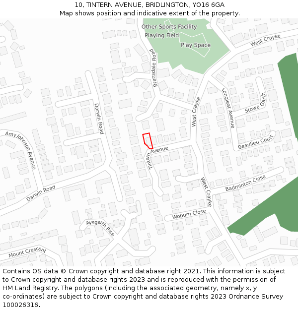 10, TINTERN AVENUE, BRIDLINGTON, YO16 6GA: Location map and indicative extent of plot