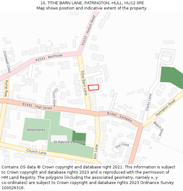 10, TITHE BARN LANE, PATRINGTON, HULL, HU12 0PE: Location map and indicative extent of plot