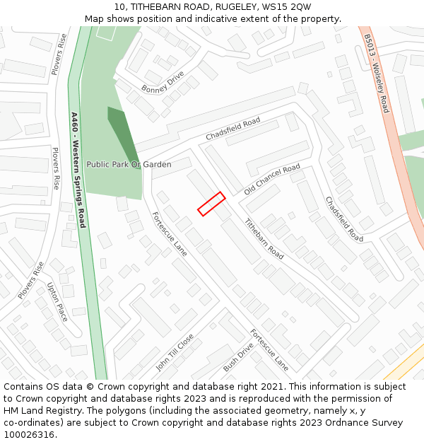 10, TITHEBARN ROAD, RUGELEY, WS15 2QW: Location map and indicative extent of plot