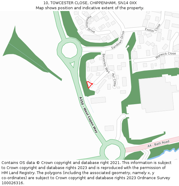 10, TOWCESTER CLOSE, CHIPPENHAM, SN14 0XX: Location map and indicative extent of plot