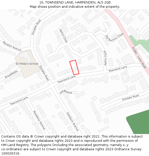 10, TOWNSEND LANE, HARPENDEN, AL5 2QE: Location map and indicative extent of plot