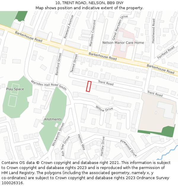 10, TRENT ROAD, NELSON, BB9 0NY: Location map and indicative extent of plot