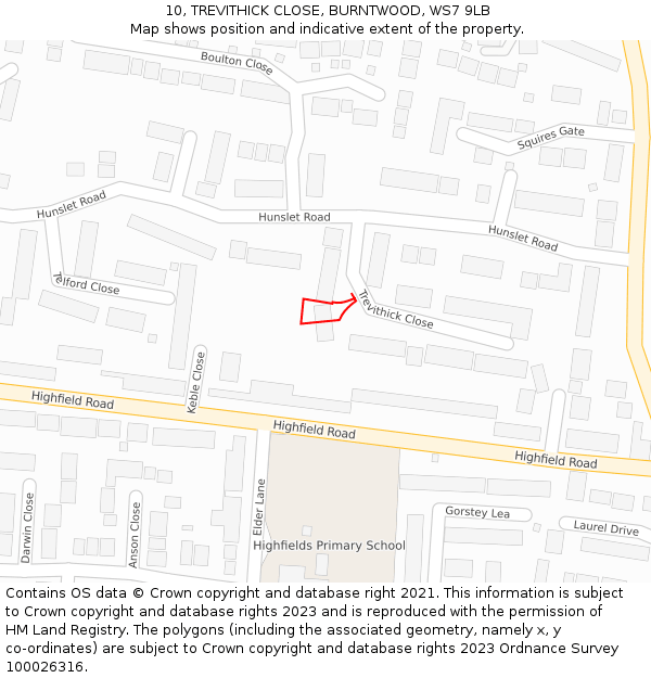 10, TREVITHICK CLOSE, BURNTWOOD, WS7 9LB: Location map and indicative extent of plot