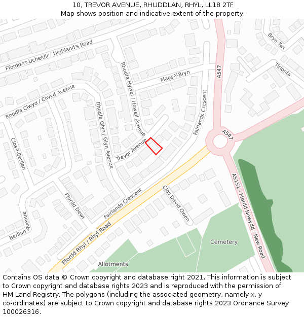 10, TREVOR AVENUE, RHUDDLAN, RHYL, LL18 2TF: Location map and indicative extent of plot