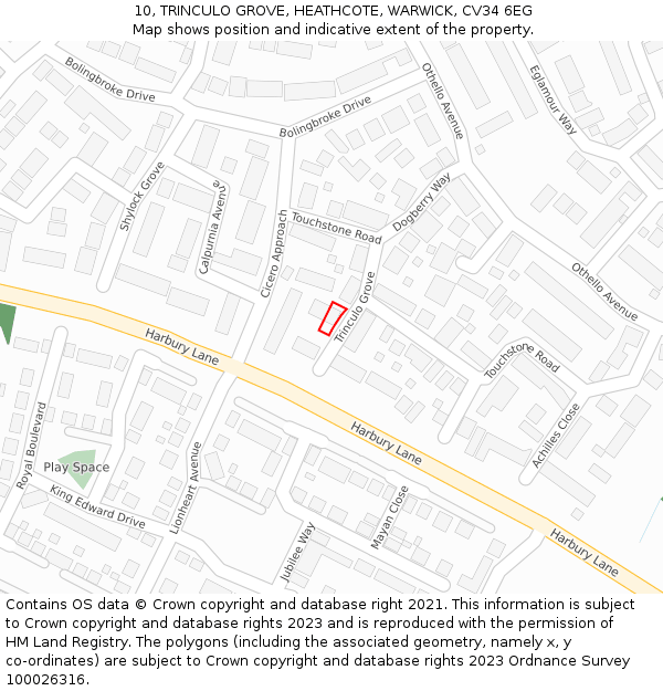 10, TRINCULO GROVE, HEATHCOTE, WARWICK, CV34 6EG: Location map and indicative extent of plot