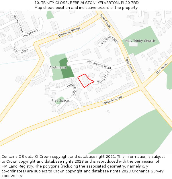 10, TRINITY CLOSE, BERE ALSTON, YELVERTON, PL20 7BD: Location map and indicative extent of plot