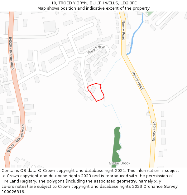 10, TROED Y BRYN, BUILTH WELLS, LD2 3FE: Location map and indicative extent of plot