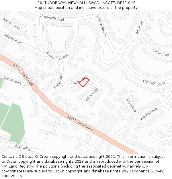 10, TUDOR WAY, NEWHALL, SWADLINCOTE, DE11 0HF: Location map and indicative extent of plot