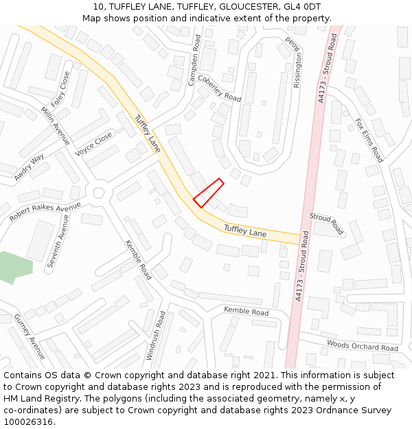 10, TUFFLEY LANE, TUFFLEY, GLOUCESTER, GL4 0DT: Location map and indicative extent of plot