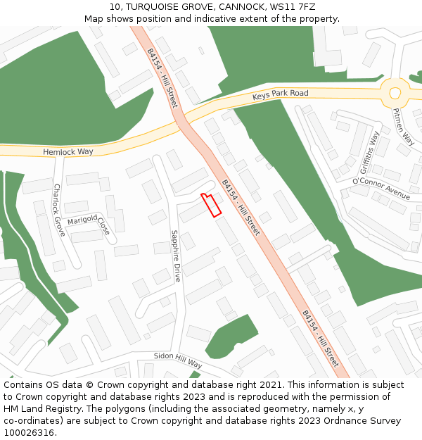 10, TURQUOISE GROVE, CANNOCK, WS11 7FZ: Location map and indicative extent of plot