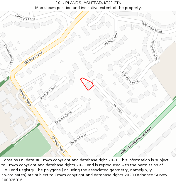 10, UPLANDS, ASHTEAD, KT21 2TN: Location map and indicative extent of plot