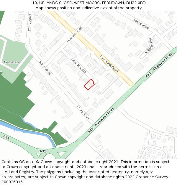 10, UPLANDS CLOSE, WEST MOORS, FERNDOWN, BH22 0BD: Location map and indicative extent of plot